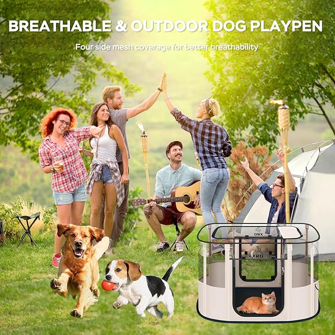 Dog Playpen with Waterproof pad,Portable Pet Crate Kennel Tent,Cat Cages Indoor Breathable Mesh Collapsible Dog Crates Playpen for Dogs Cat and Rabbit Travel Indoor & Outdoor(Large, Beige)