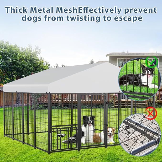 ROOMTEC Large Dog Kennel Outdoor Pet Pens Dogs Run with 4 Bowls (10' L x 10' W x 6.5'H)