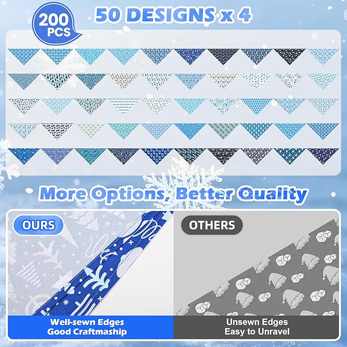 200 Pcs Winter Dog Bandanas Bulk Snowflake Pet Scarves Xmas Adjustable Bibs for X-M-L Dogs Washable Seasonal Puppy Kerchief for Groomers Shelters
