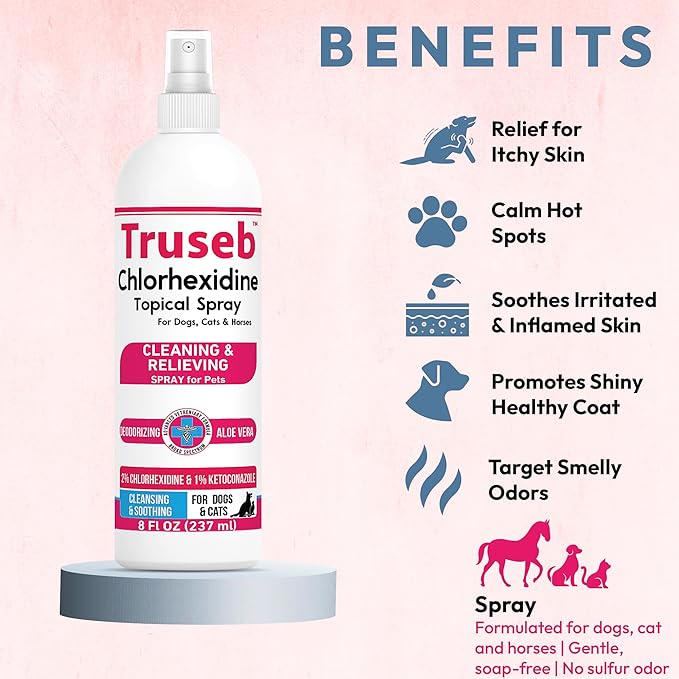 Truseb Topical Ketoconazole and Chlorhexidine Spray for Dogs, Cats, and Horses with Essential Fatty Acids, Aloe and Vitamin E- 16 oz (Ketoconazole & Chlorhexidine Spray, 16 oz)