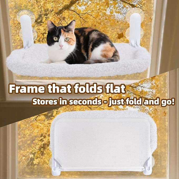 Cat Window Perch, Cordless Foldable Cat Hammock Bed with 4 Suction Cups, Embeded Machine Washable Bed for Indoor Cats, Strong Metal Frame Holds 40lbs (Beige,Cotton Binding)
