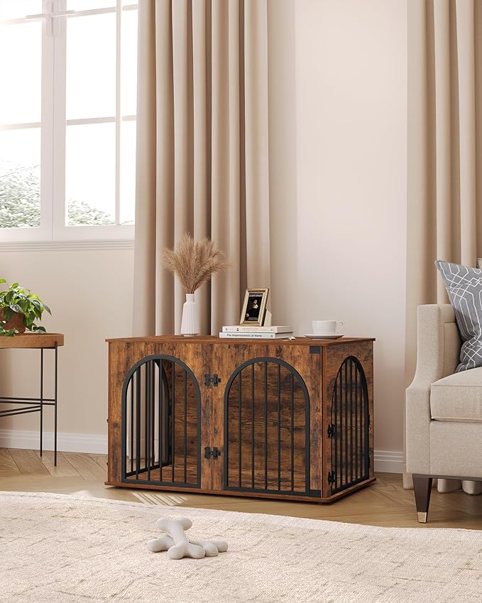 39.4" Wooden Dog Crate Furniture, Indoor Dog Kennel Dogs Cage for Small/Medium/Large Dogs, Heavy Duty Dog Crates Decorative Pet House End Side Table TV Stand, Rustic Brown DFC84101B