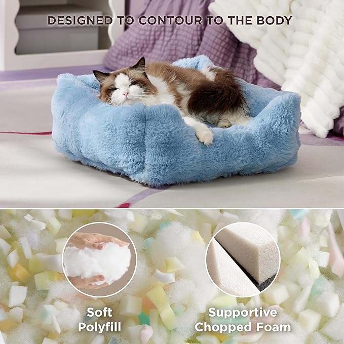 Lesure Fluffy Dog Beds for Puppy&Kitten- Orthopedic Rectangle Calming Pet Sofa,Fluffy Plush Bubble Bolster Cat Bed with Removable Washable Cover and Nonskid Bottom,20x19x6inches,Blue