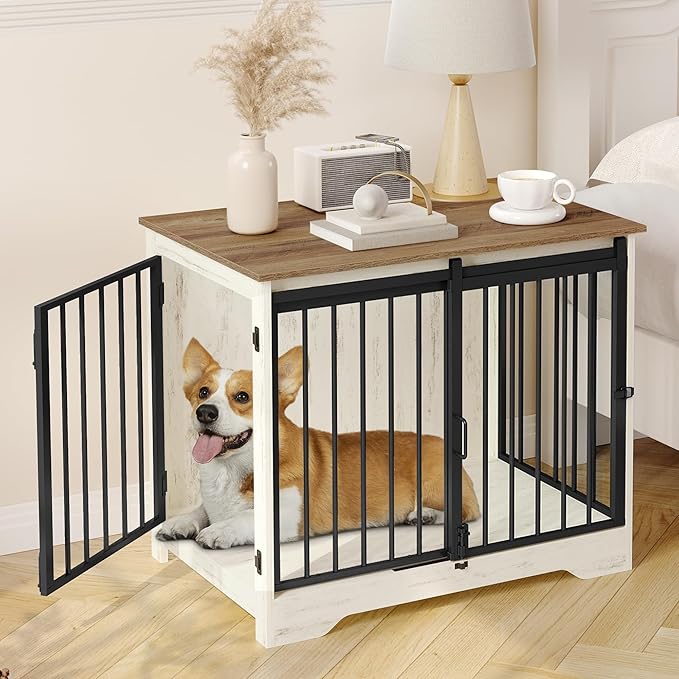 31.9" Dog Crate Furniture with Barn Door, Heavy Duty Dog Kennel Indoor with 2 Doors, Wooden Pet Cage End Table for Small Medium Dogs up to 44 lb, Anti-Chew Anti-Escape, White Brown DFC83614B