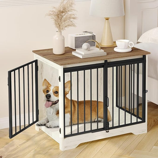 31.9" Dog Crate Furniture with Barn Door, Heavy Duty Dog Kennel Indoor with 2 Doors, Wooden Pet Cage End Table for Small Medium Dogs up to 44 lb, Anti-Chew Anti-Escape, White Brown DFC83614B