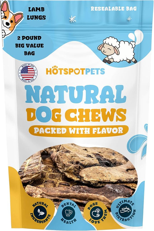 hotspot pets Dehydrated Lamb Lung Dog Treats - 2 Pound Big Bag, All-Natural, Made in USA - High Protein, Low Fat - Slow Roasted Oven Baked A Healthy Rawhide Alternative for All Dogs