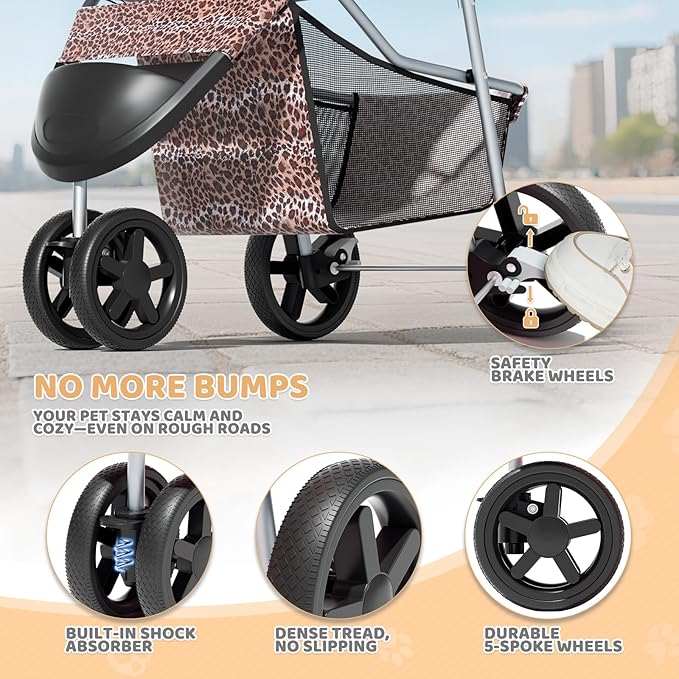 Magshion 3-Wheel Pet Stroller, Foldable Travel Jogger for Small & Medium Dogs & Cats (Up to 33lbs), Lightweight Carrier with Breathable Mesh Cover, Cup Holder & Storage Basket, Leopard Print