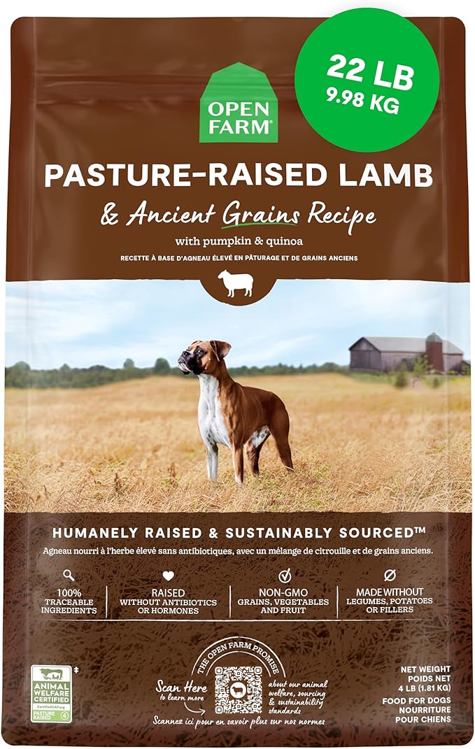 Open Farm, Ancient Grains Dry Dog Food, Protein-Rich & Nutrient Dense, 90% Animal Protein Mixed with Non-GMO Fruits, Veggies and Superfoods, Pasture Raised Lamb Recipe, 22lb Bag