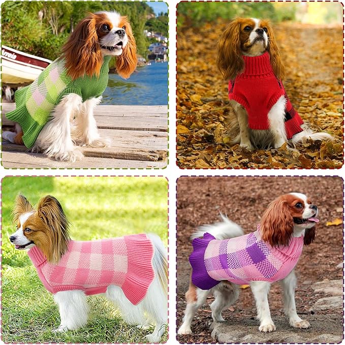 Dog Sweater Dress Plaid Knitwear for Small Medium Dogs Warm Puppy Pet Turtleneck Stretch Pullover Cute Fall Winter Vest Clothes with Leash Hole for Christmas