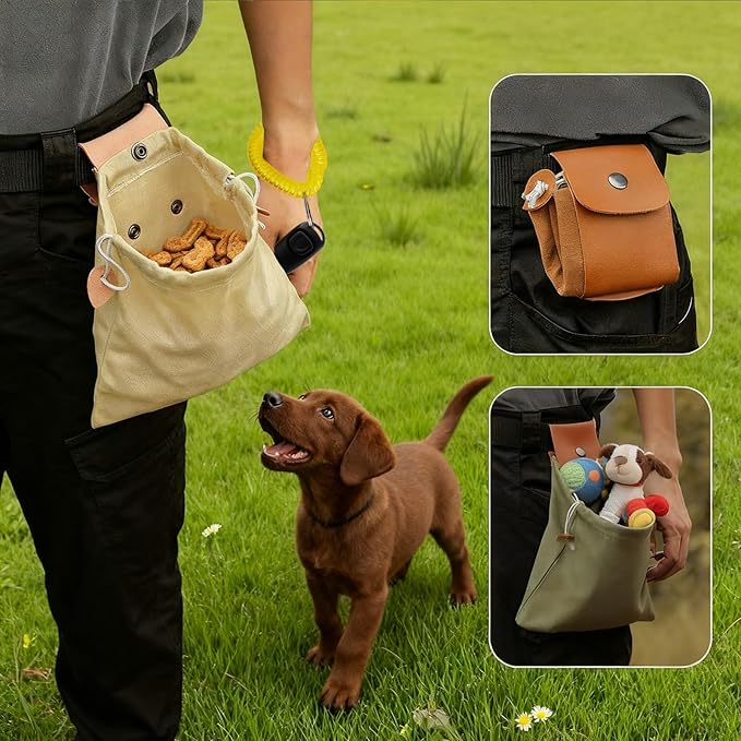 Dog Treat Pouch with Anti Barking Device, Training Clicker & Whistle – Stylish, Portable, Large-Capacity Foldable Pet Training Pouch with Elastic Belt for Outdoor Use/Pet Training (Black)