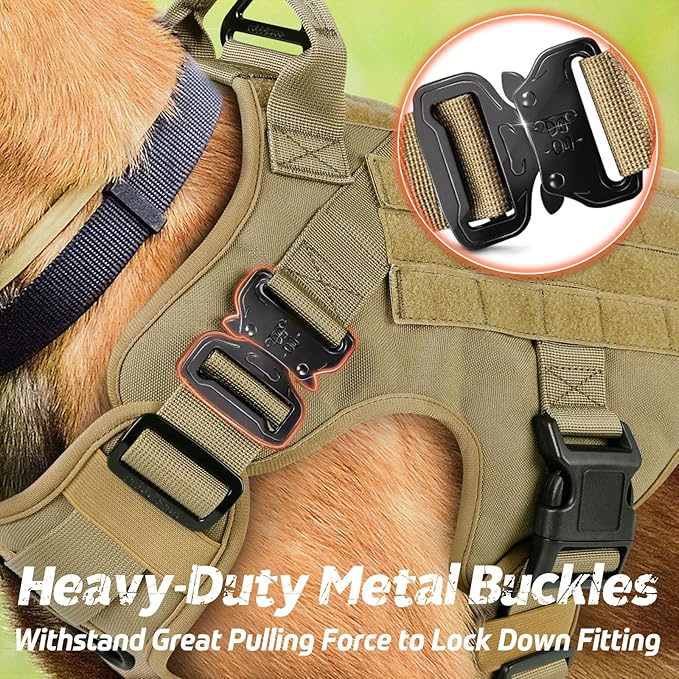 rabbitgoo Tactical Dog Harness for Large, Heavy Duty Pet Harness with Handle, No-Pull Service Vest Large Breed, Adjustable Military Dog Vest for Training Hunting Walking, Brown, L