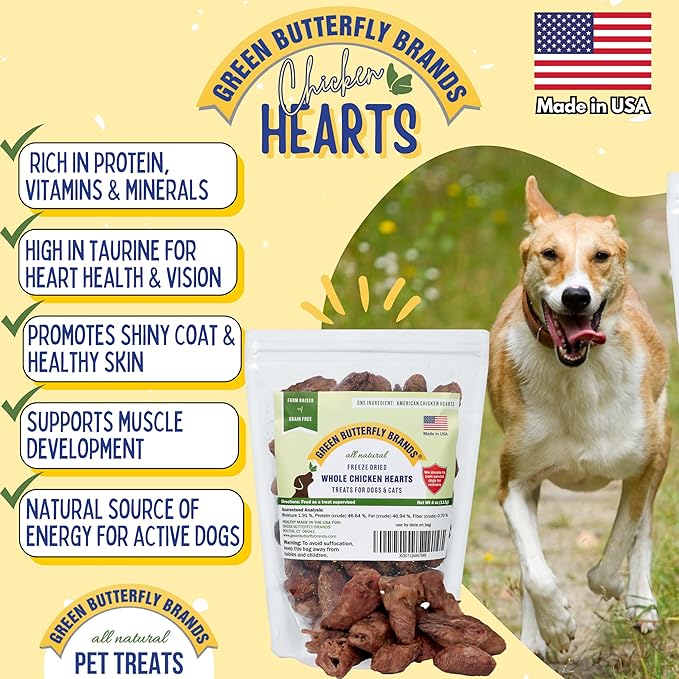 Freeze Dried Chicken Heart Dog Treats Made In USA. All Natural Freeze-Dried Raw Snacks for Dogs and Cats. One Ingredient. High Protein. Heart Health. Irresistible Training Treat