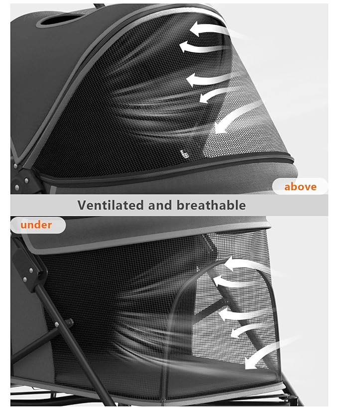 Pet Stroller with 4 Wheels for Small/Medium Pets, Portable Travel Foldable Carrier Jogger for Dog Cat Puppy Kitty, Rear Wheel Breaks, Storage Basket, Visible Mesh with Weather Cover (Black)