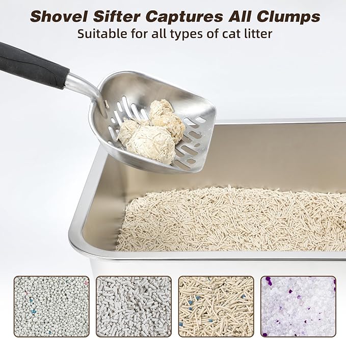 4 in 1 Wall-Mounted Litter Box Organizer Cleanup Kit, Metal Cat Litter Scoop with Holder Mini Broom, Litter Scooper with Dustpan Cat Caddy, Aluminum Poop Sifting Kitty Shovel Capture Clump