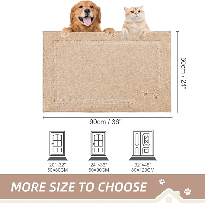BEQHAUSE Dog Door Mat for Muddy Paws 24"x36" Dirt Trapper Absorbent Doormat Non Slip Entryway Rugs Washable Stain Resistant Welcome Floor Mat Soft Low-Profile for Front Back Door, Beige