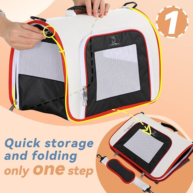 A4Pet Airline Approved Cat Carrier, Suitable for Cats, Puppies Under 18 lbs, Easy On The Go, Easy to Stow, Soft-Sided Cat Travel Carrier, 17" L x 11" W x 11" H, White & Red