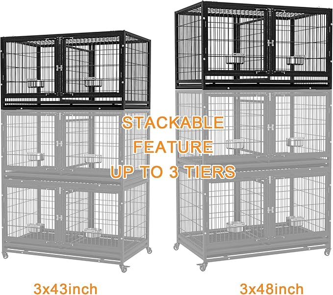 48/43 inch Heavy Duty Dog Crate with Divider for Large Dogs, Stackable Dog Kennels and Metal Wire Cages with Feeding Bowls, Leak-Proof Pans, Removable Wire Trays, Extra Large XL XXL