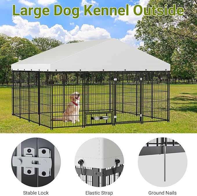 Rovibek 10x10 Ft Outside Dog Kennel with Roof, Large Dog Kennel Outdoor Dogs Cage with 2 Rotating Feeder Bowls, Heavy Duty Dogs Run Enclosure with Waterproof Sun-Proof Cover