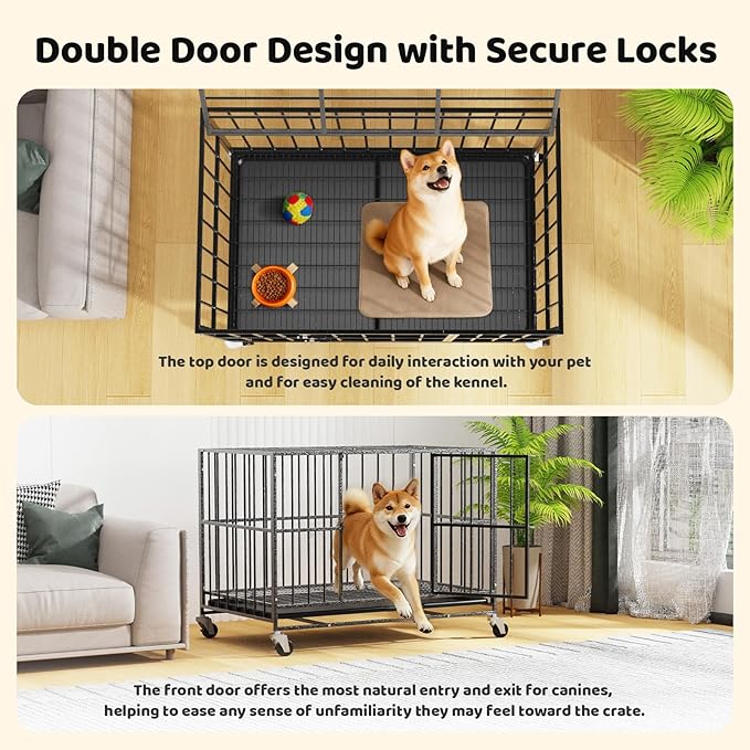 Heavy Duty Indestructible Dog Crate 42 Inch with Removable Tray, Sizes & Colors Optional, Escape Proof Double Door High Anxiety Cage Indoor, Kennel with Wheels for Large Dogs, XL XXL XXL