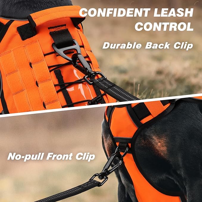 WINGOIN Orange Tactical Dog Harness for Large Dogs, Heavy Duty No Pull Dog Harness with Handle, Adjustable Reflective Military K9 Big Pet Vest for Husky, Doberman, Walking, Training, Hunting (XL)