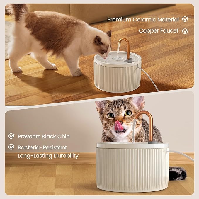 Ceramic Cat Water Fountain - 2.1L/71oz - All-Ceramic Body & Pure Copper Water Spout - Non-Toxic - Automatic Pet Drinking Fountain Indoor with Ultra-Quiet Pump, and 3Pcs Filter & Sponge (Beige)