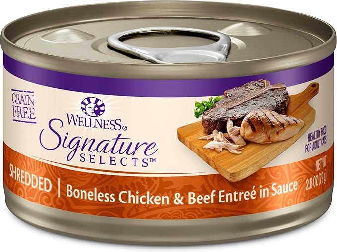 Wellness CORE Signature Selects Shredded Adult Wet Cat Food, Natural, Protein-Rich, Grain Free, 2.8 Ounce, 12 Pack (Chicken & Beef Entree)