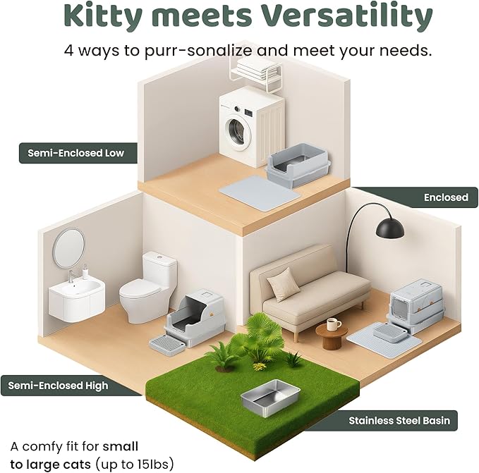 Stainless Steel Litter Box with Lid - XL Enclosed Litter Box for Cats with Collecting Mat - 4 Way Setup Fully Closed, Semi Low, High & Open Kitty Boxes, Leak Proof Metal LitterBox (Light Gray)