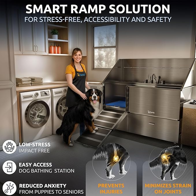 KANIS Professional Dog Washing Station - 304 Stainless Steel Pet Wash Sink & Grooming Bathtub w/Shower, Floor Grates and Storage for Large, Medium & Small Pets (61", 2 Drawers - Left Ramp)