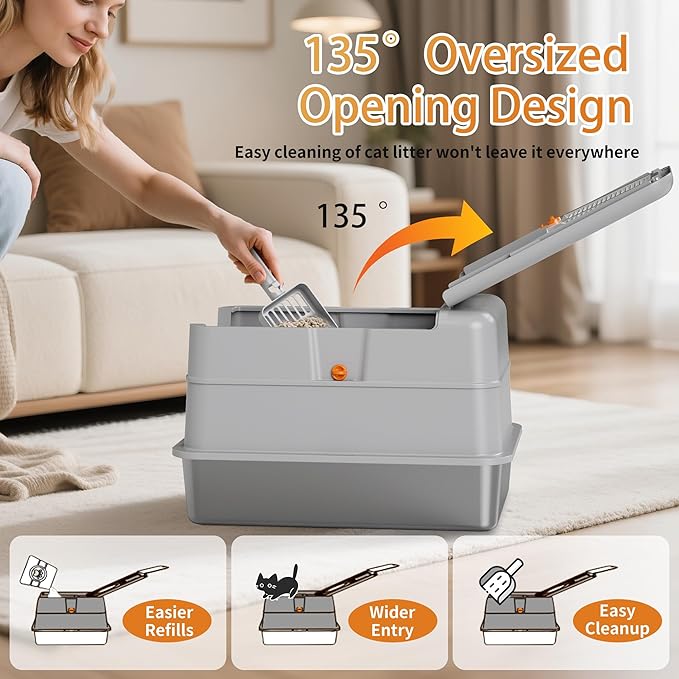 Stainless Steel Litter Box with Lid, 135° Flip-Top Design Metal Enclosed Litter Box for Big Cat, Breeze Litter Box System with Anti-Leakage High Sides, Large Cat Lovers Gifts（Gray）