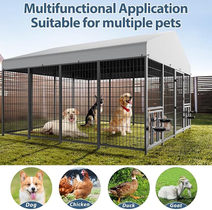 ROOMTEC Large Dog Kennel Outdoor Pet Pens Dogs Run with 4 Bowls (10' L x 10' W x 6.5'H)