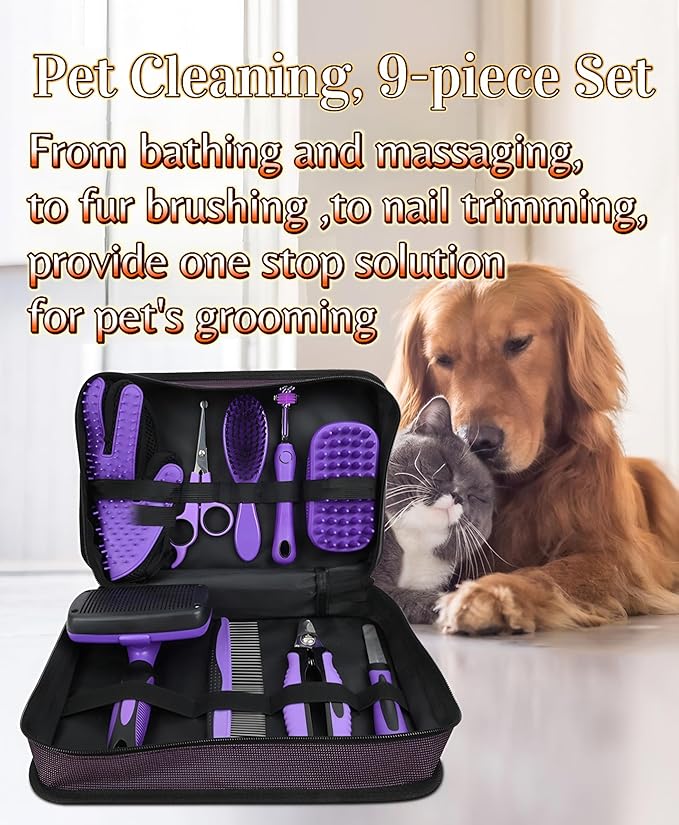 Pet Hair Grooming Tool Kit-9 Packs Dog Cat Grooming Kit Pet Dog Cat Grooming Supplies Washing Gloves Slicker Brush Kit Nail Grider Trimming Tools Pet Toothbrush Comb and Grooming Scissors Set