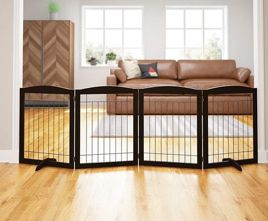 PAWLAND 96-inch Extra Wide Dog gate for The House, Doorway, Stairs, Freestanding Foldable Wire Pet Gate, Set of Support Feet Included (Espresso, 30" Height-4 Panels)