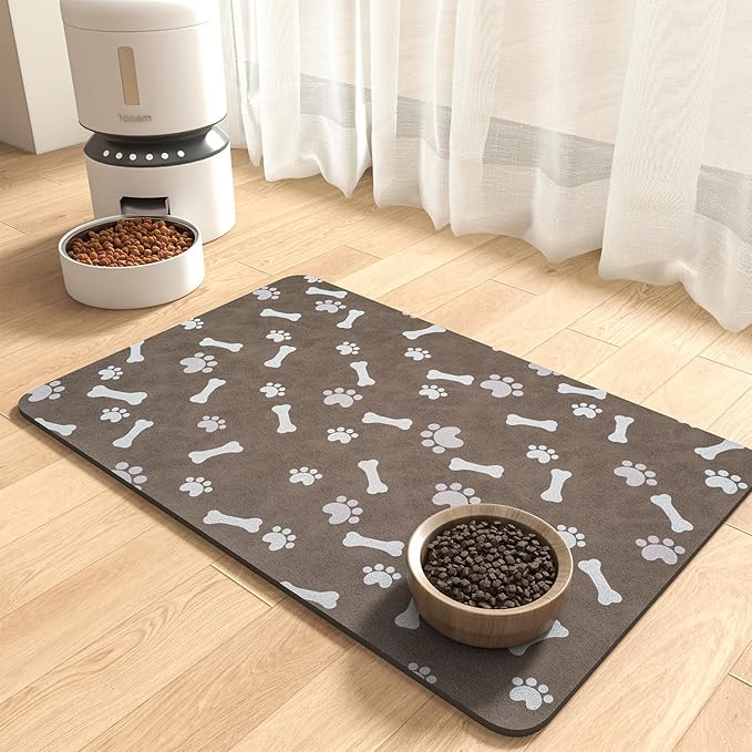 MontVoo Dog Food Mat-Large Pet Feeding Mat for Food and Water-No Stains Quick Dry Dispenser Cat Bowl Mat for Messy Drinkers(23"X34" Brown)