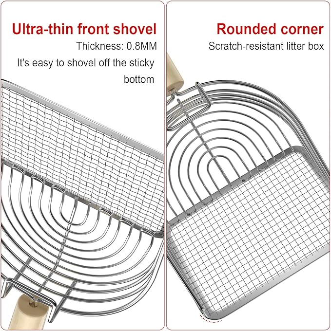 Ownpets Iron Metal Cat Litter Scoop, Heavy Duty Kitty Litter Scooper & Speed Sifter to Catch Small & Large Clumps, with Eucalyptus Wood Handle, Non-Stick Deep Shovel for Effective cleanup