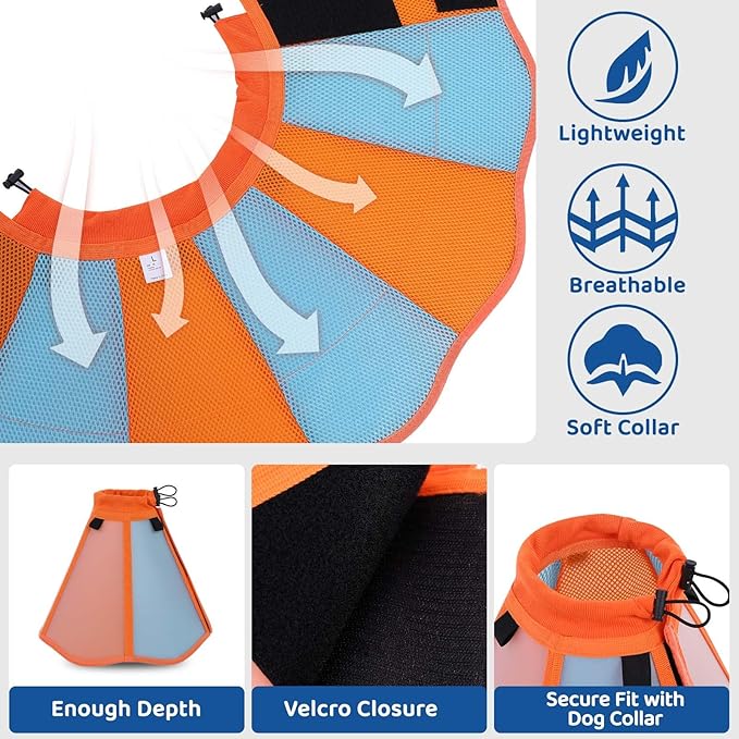 SUNFURA Dog Cone - Soft Cone for Dogs to Stop Licking, Pet E-Collar Alternative After Surgery, Adjustable Pet Recovery Collar for Wound Healing, Orange Blue Small