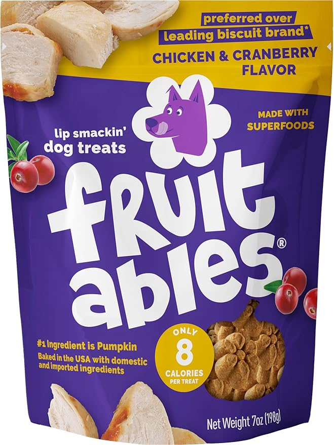 Fruitables Baked Dog Treats, Healthy Pumpkin Treat for Dogs, Low Calorie & Delicious, Free of Wheat, Corn and Soy, Made in The USA, Chicken and Cranberry Flavor, 7 oz