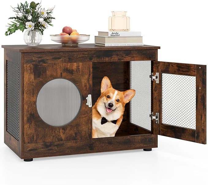 Tangkula Dog Cage Furniture, Chew-Proof Wooden Dog Crate with Metal Mesh Side Wall, Lockable Door, Translucent Window, Industrial Pet Kennel Indoor Furniture for Small & Medium Dogs (Rustic Brown)