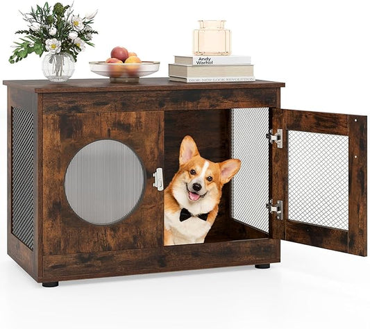 Tangkula Dog Cage Furniture, Chew-Proof Wooden Dog Crate with Metal Mesh Side Wall, Lockable Door, Translucent Window, Industrial Pet Kennel Indoor Furniture for Small & Medium Dogs (Rustic Brown)