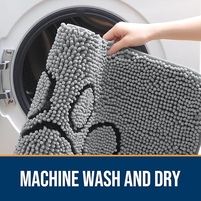 OLANLY Dog Door Mat for Muddy Paws 59x32, Paw Print Design, Absorbs Moisture and Dirt, Absorbent Non-Slip Washable Doormat, Quick Dry Chenille Mud Mat for Dogs, Entry Indoor Entryway Carpet, Grey