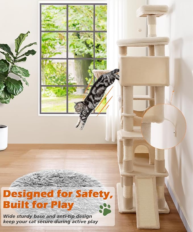 AMHANCIBLE Cat Tree, 83 Inch Large Multi-Level Tall Tower for Indoor Adult Cats, with Scratching Post and Board, Hammock, Condos, Hanging Basket, Activity Center to Play and Sleep, Beige, PT21BG