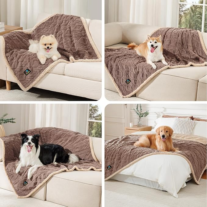Waterproof Pet Blanket, Liquid Pee Proof Dog Blanket for Sofa Bed Couch, Reversible Sherpa Fleece Furniture Protector Cover for Small Medium Large Dogs Cats, Khaki Queen Size（90" x 82"）