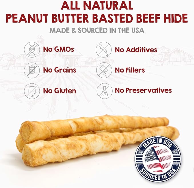 Riley's Peanut Butter Beef Hide Dog Treats, USA Sourced & Made Rawhide Chew Sticks, Raw Hides for Small Dogs, 21 ct