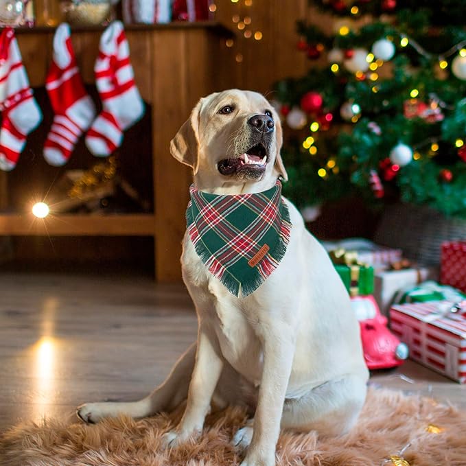ADOGGYGO Christmas Dog Bandanas with Tassels, Stylish Red Green Plaid Dog Scarf Bib, Multiple Sizes, Pet Christmas Bandanas for Large and Extra Large Dogs (X-Large)