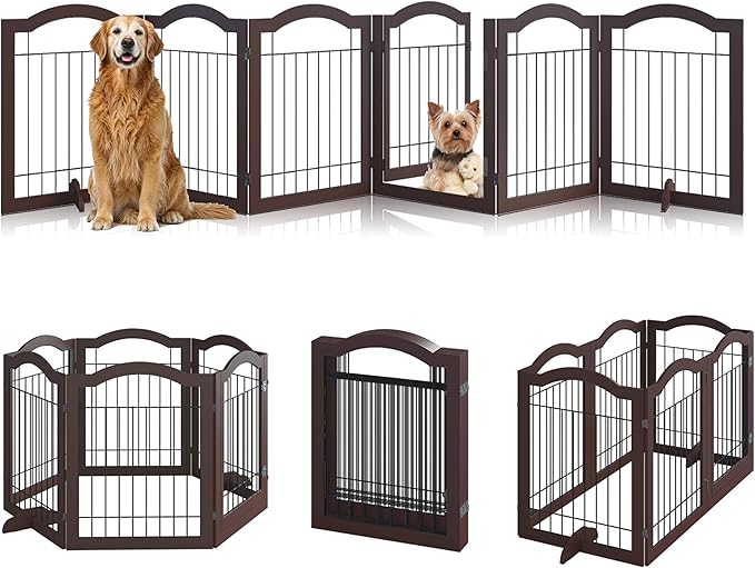 Vantas Folding No-Assembly Dog Door Pet Gate 144" Wide, 30" Tall Wooden Dog Gate with Door Walk Through, Freestanding Wire Pet Gate, Pet Puppy Safety Fence, with 2PCS Support – Espresso