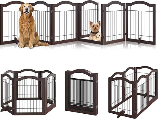 Vantas Folding No-Assembly Dog Door Pet Gate 144" Wide, 30" Tall Wooden Dog Gate with Door Walk Through, Freestanding Wire Pet Gate, Pet Puppy Safety Fence, with 2PCS Support – Espresso