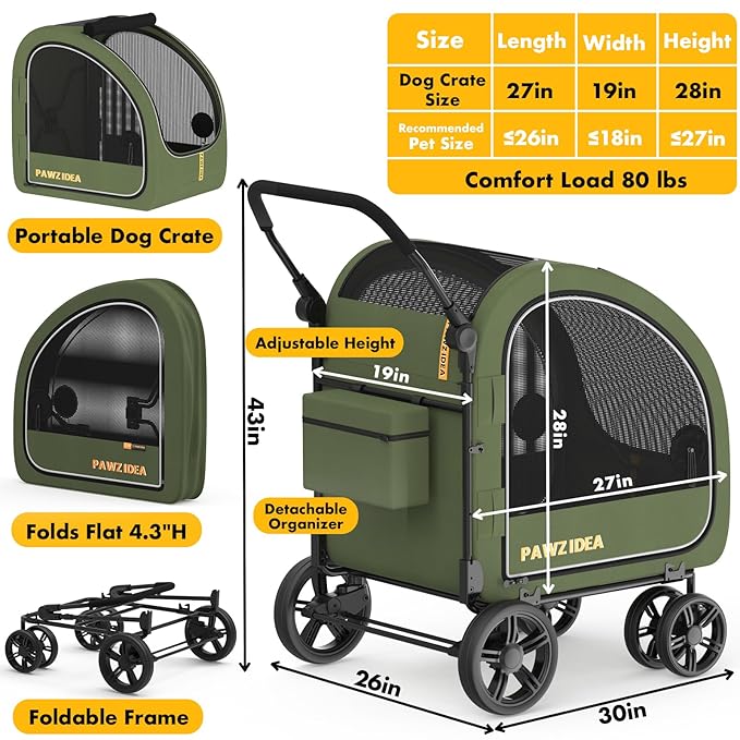 PAWZIDEA Large Dog Stroller with Detachable Carrier, Portable Dog Crate for Car Travel, Multiple Pet Strollers for Medium Dogs up to 80lbs, Adjustable Handle, All-Terrain 9” Wheels, Storage Organizer