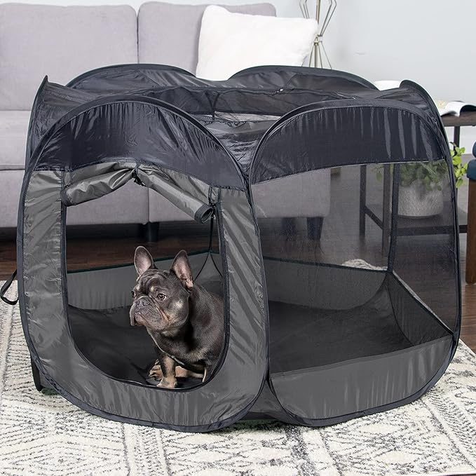 Furhaven Portable Dog Playpen Cat Tent, Pet playground/kennel foldable indoor outdoor zippered puppy crate - Gray, Large
