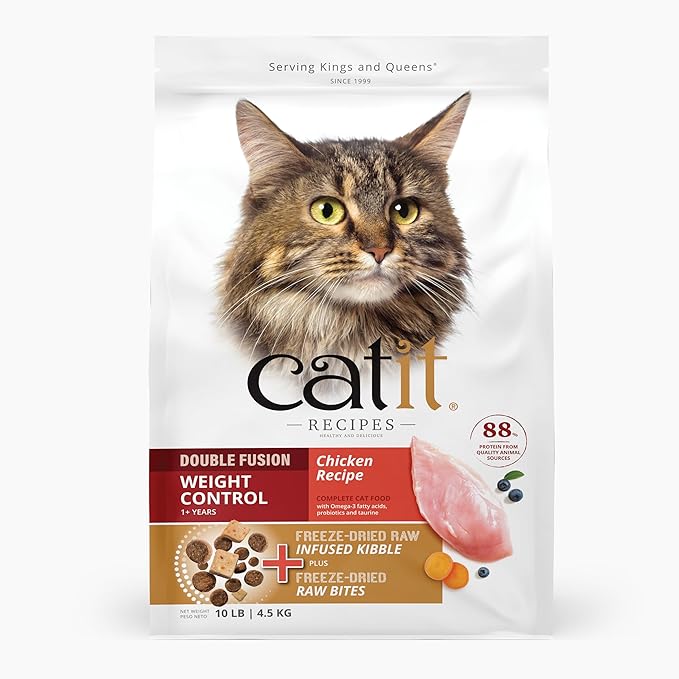 Catit Recipes Double Fusion Weight Control Cat Food – Chicken Recipe, High-Protein, Freeze-Dried Raw Toppings, No by-Products, Minimally Processed, Balanced Nutrition, 10 lb