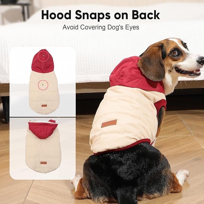 Fleece Lining Extra Warm Dog Hoodie in Winter for Large Dogs Jacket Pet Coats with Hooded,Beige and Red XXL