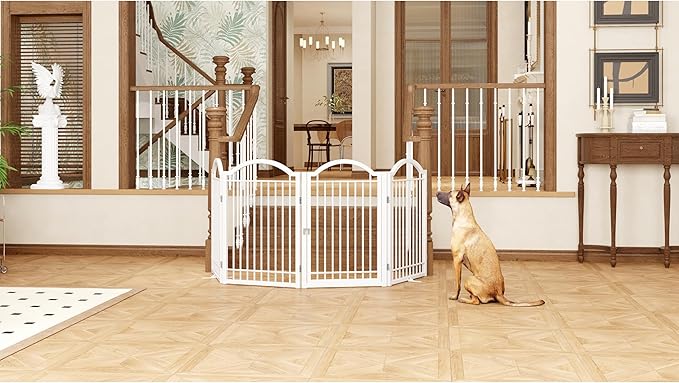BHG Metal No-Assembly Freestanding Dog Gate with Door Walk Through, Extra Wide 96", Extra Tall 32" Pet Gate, Accordion Puppy Folding Playpen Dog Fence, with 2PCS Support (White, 4 Panels)